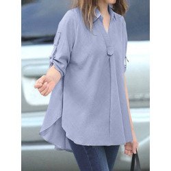 Solid Long Sleeve Lapel Loose Blouse For Women