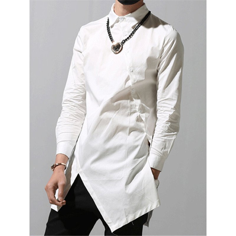 Men Asymmetric Hem Long Sleeve Shirt