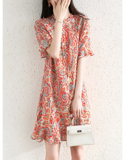 Random Allover Print Ruffle Sleeve Stand Collar Dress