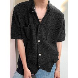 Mens Knit Hollow Out Double Pocket Short Sleeve Shirt