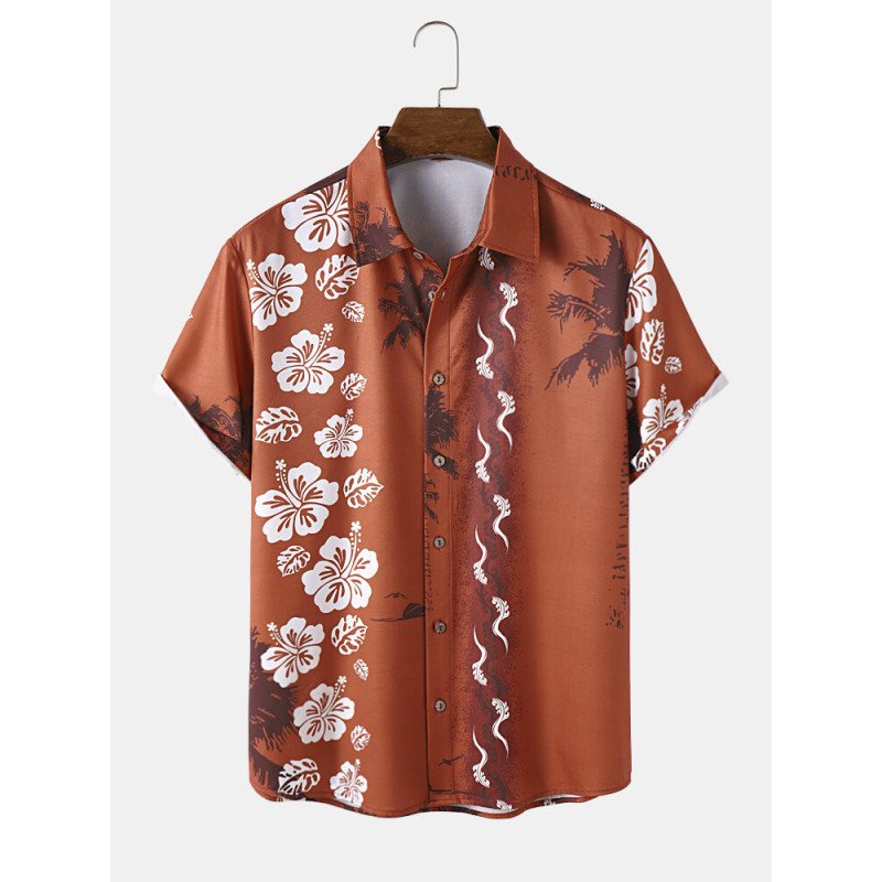 Mens Floral Coconut Tree Print Lapel Short Sleeve Shirts