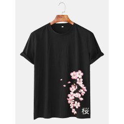 Mens Cherry Print Japanese Style O-Neck Short Sleeve T-Shirt