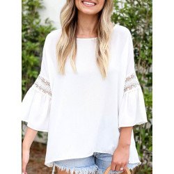 Solid Lace Panel Ruffle Sleeve Crew Neck Blouse