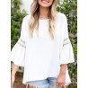 Solid Lace Panel Ruffle Sleeve Crew Neck Blouse