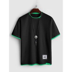 Mens Contrast Trim Patchwork Waffle Knit Short Sleeve T-Shirts