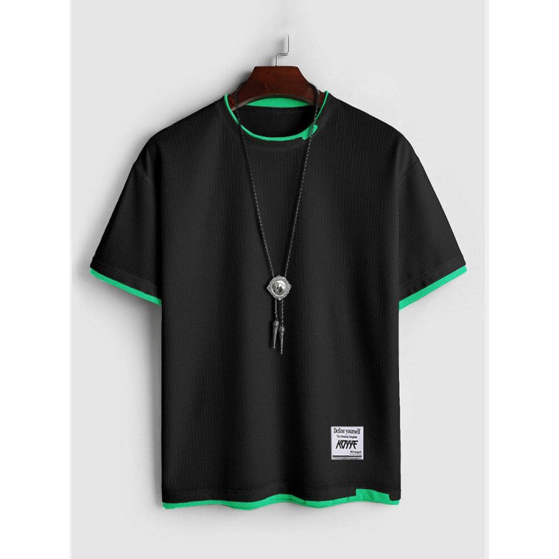 Mens Contrast Trim Patchwork Waffle Knit Short Sleeve T-Shirts