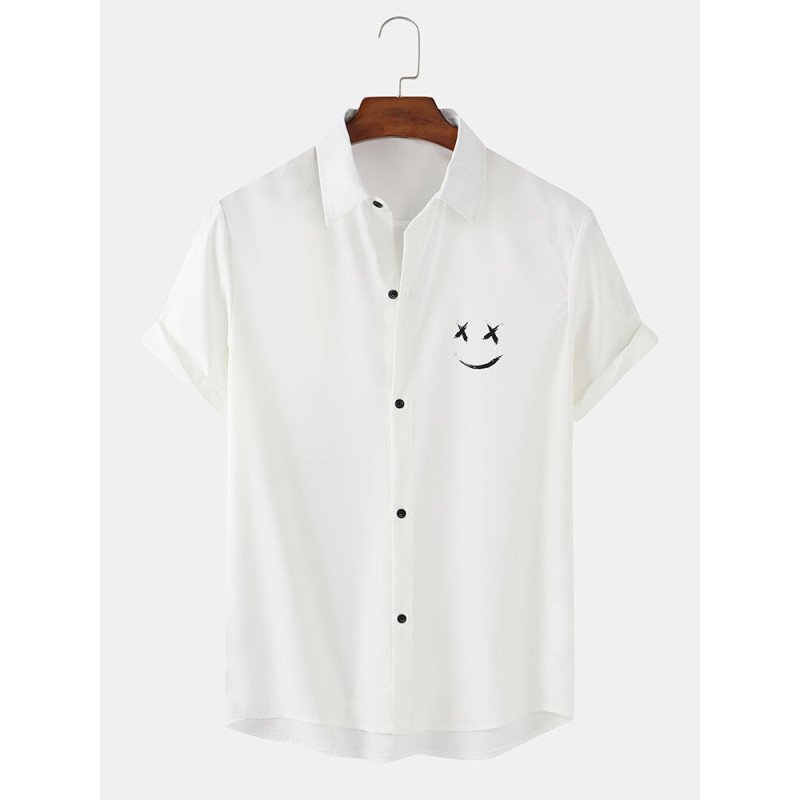 Mens Smile Face Print Button Up Short Sleeve Shirts