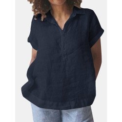 Solid Button Front Lapel Short Sleeve Casual Blouse