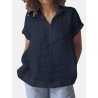 Solid Button Front Lapel Short Sleeve Casual Blouse