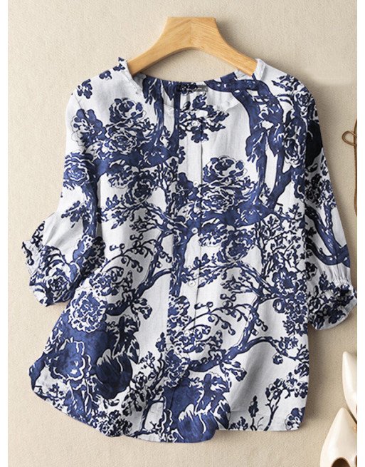 Plants Print Crew Neck 3/4 Sleeve Button Front Blouse