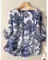 Plants Print Crew Neck 3/4 Sleeve Button Front Blouse