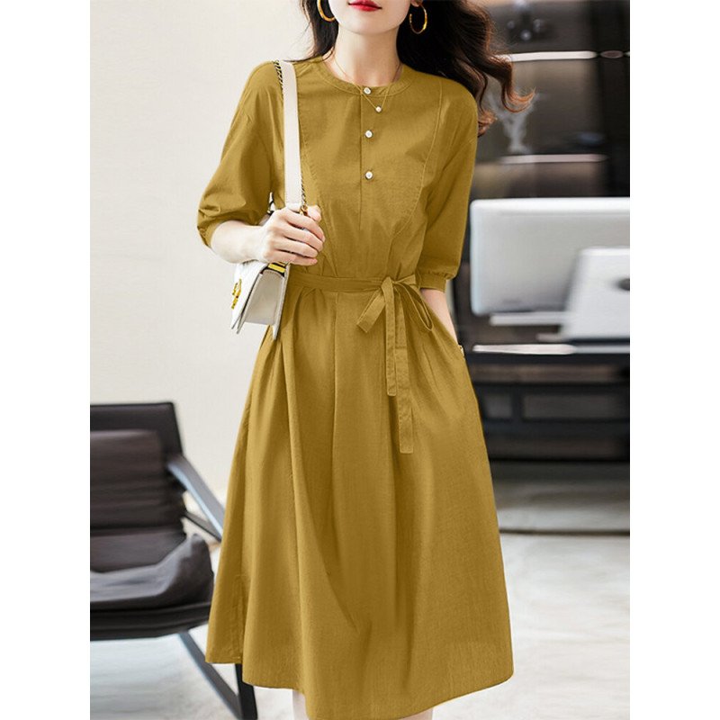 Solid Pocket Half Sleeve Button Front Dress With Belt