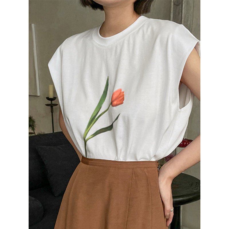 Rose Print Crew Neck Short Sleeve Casual Women T-shirt