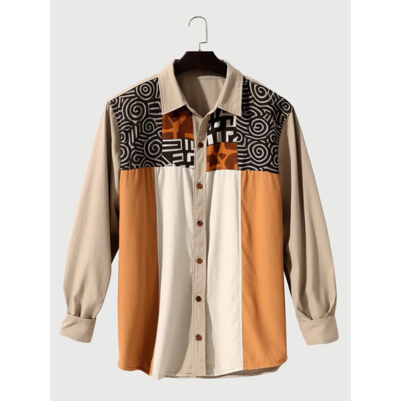 Mens Ethnic Tribal Pattern Patchwork Lapel Long Sleeve Shirts