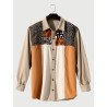 Mens Ethnic Tribal Pattern Patchwork Lapel Long Sleeve Shirts