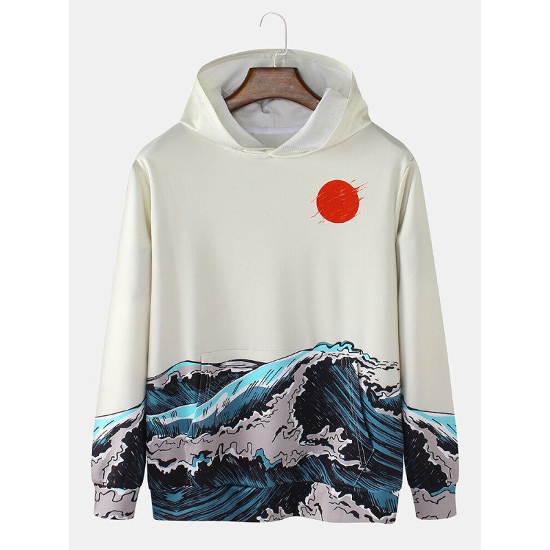 Mens Japanese Wave Red Sun Print Kangaroo Pocket Hoodies