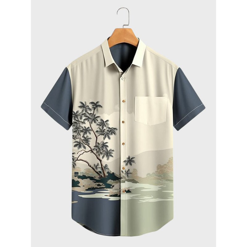 Mens Plant Landscape Print Button Up Short Sleeve Shirts
