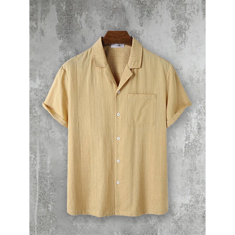 Mens Textured Revere Collar Solid Cotton Short Sleeve Shirts