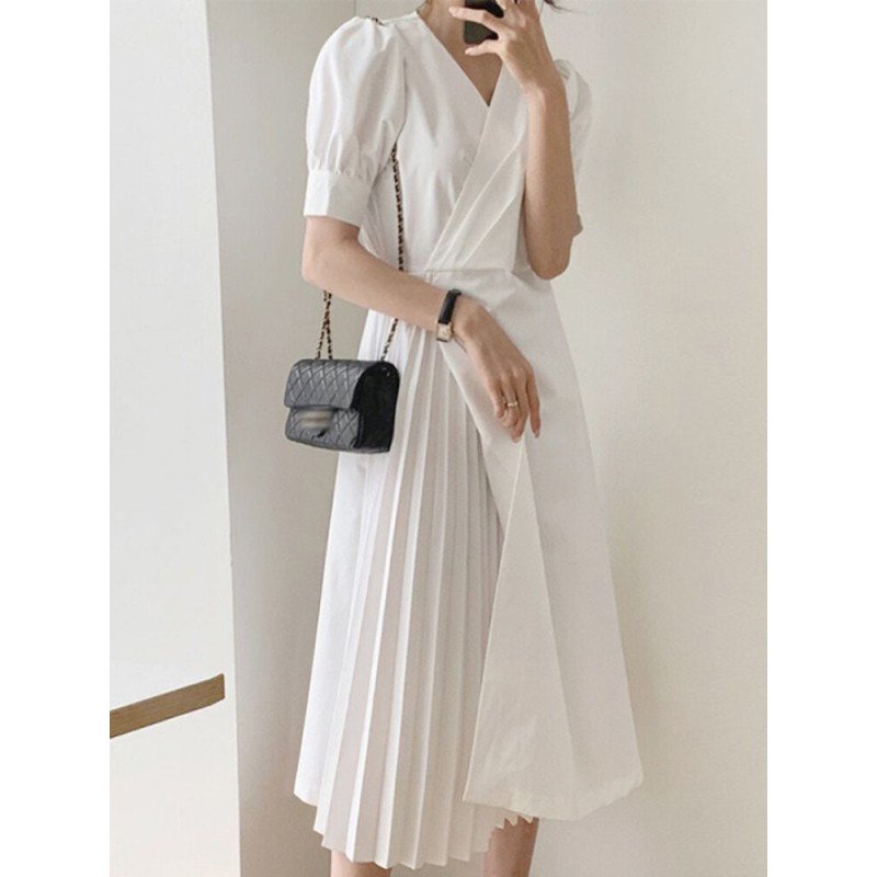 Solid Pleated Puff Sleeve Wrap V-neck Casual Dress