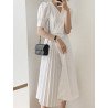 Solid Pleated Puff Sleeve Wrap V-neck Casual Dress