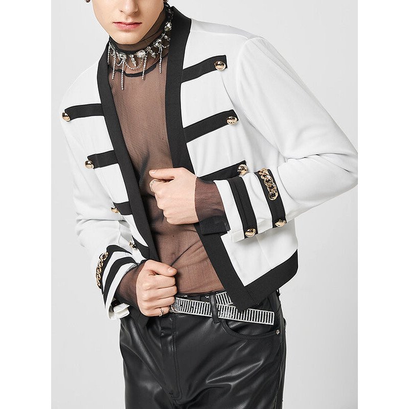 Mens Color Block Chain Metal Button Jacket