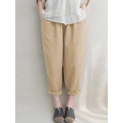 Plain Elastic Waist Pocket Casual Cotton Linen Pants