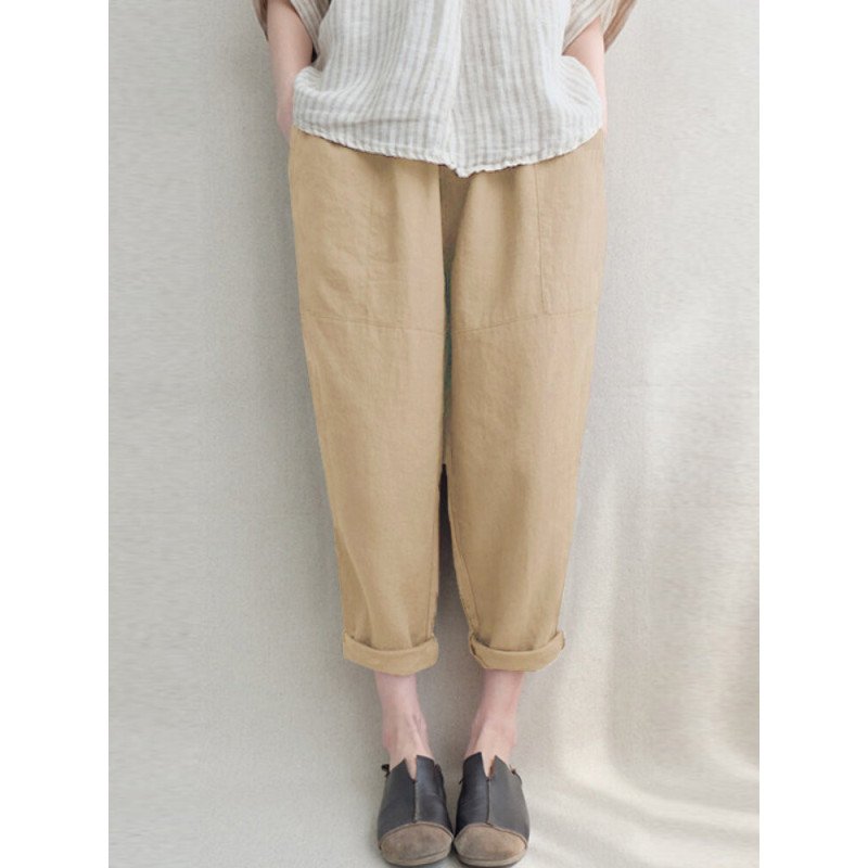 Plain Elastic Waist Pocket Casual Cotton Linen Pants
