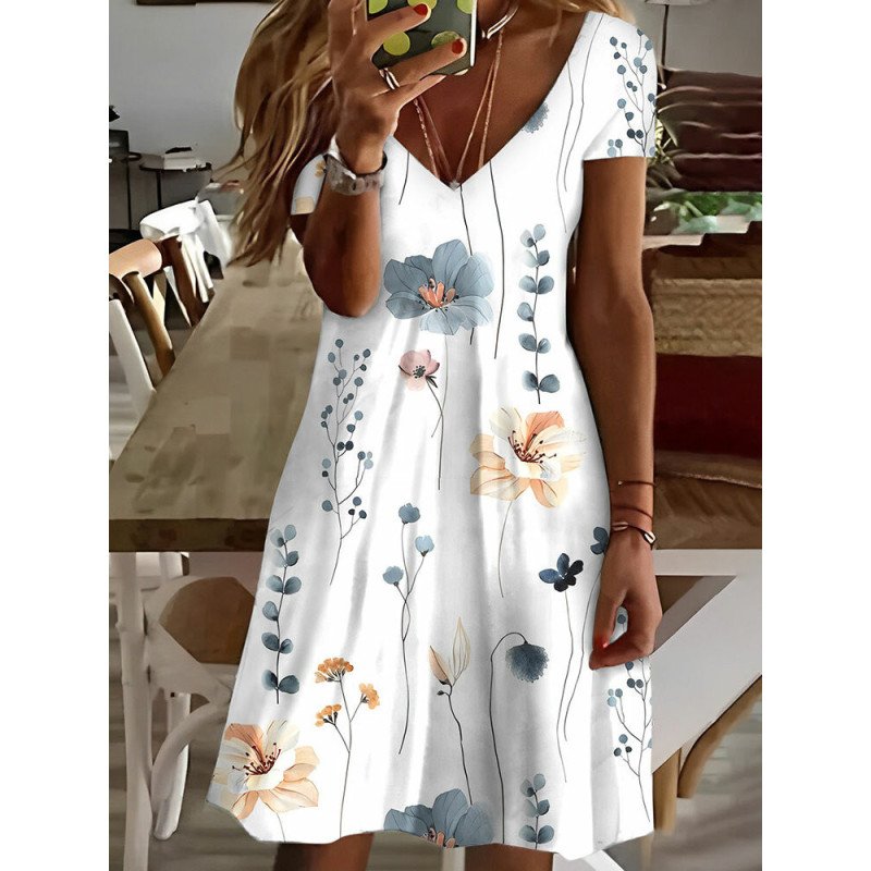 Women Allover Floral Plant Print V-Neck Short Sleeve Dress