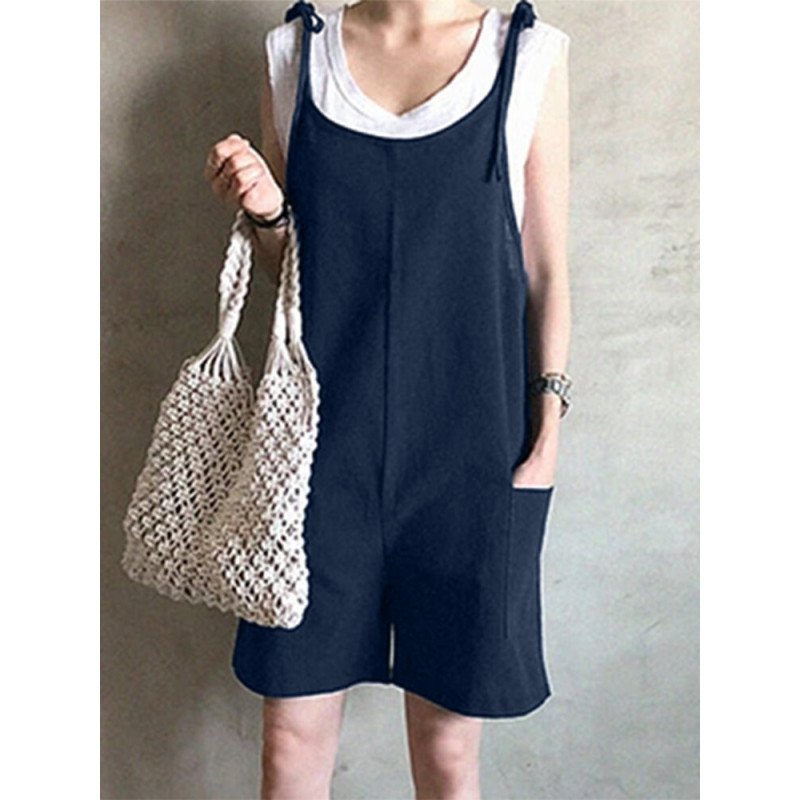 Solid Knotted Pocket Sleeveless Casual Cotton Romper