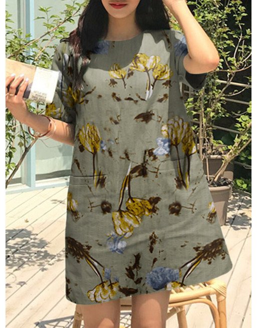 Flower Print Short Sleeve Pocket Crew Neck Vintage Dress