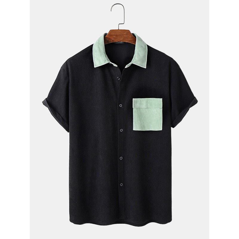 Mens Contrast Faux Suede Detail Corduroy Casual Short Sleeve Shirts