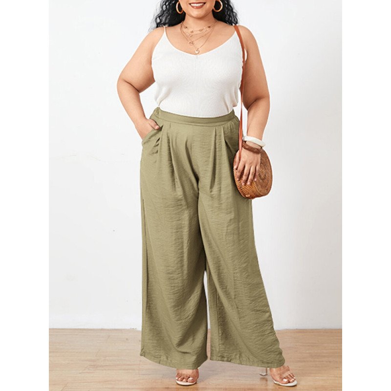 Solid Color Elastic Waist Wide Leg Plus Size Pants with Pockets