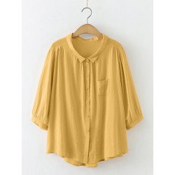 Solid Pocket Button Front Lapel 3/4 Sleeve Loose Blouse
