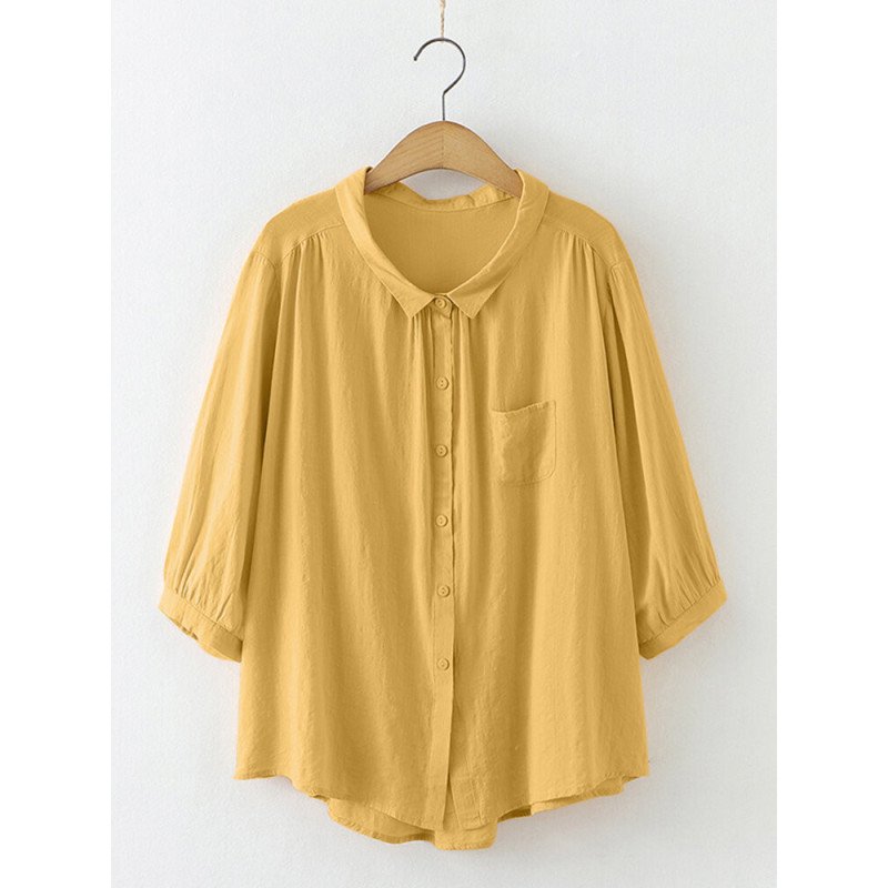 Solid Pocket Button Front Lapel 3/4 Sleeve Loose Blouse