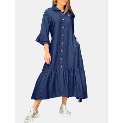 Ruffle Sleeve Pocket Lapel Button Front Casual Shirt Dress