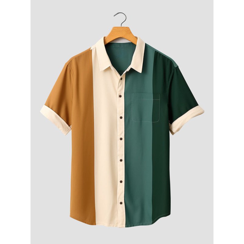 Mens Color Block Patchwork Chest Pocket Casual Short Sleeve Shirts