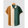 Mens Color Block Patchwork Chest Pocket Casual Short Sleeve Shirts