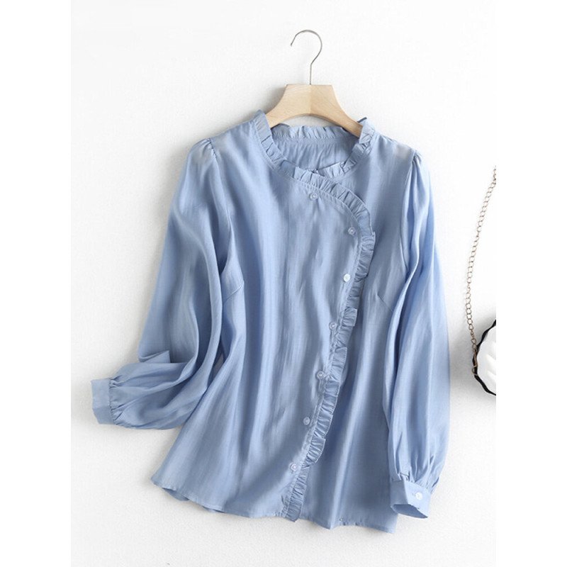 Solid Lettuce Edge Button Front Long Sleeve Asymmetrical Blouse