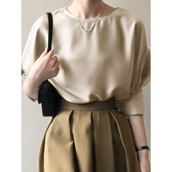 Satin Solid Keyhole Back Crew Neck 3/4 Sleeve Blouse