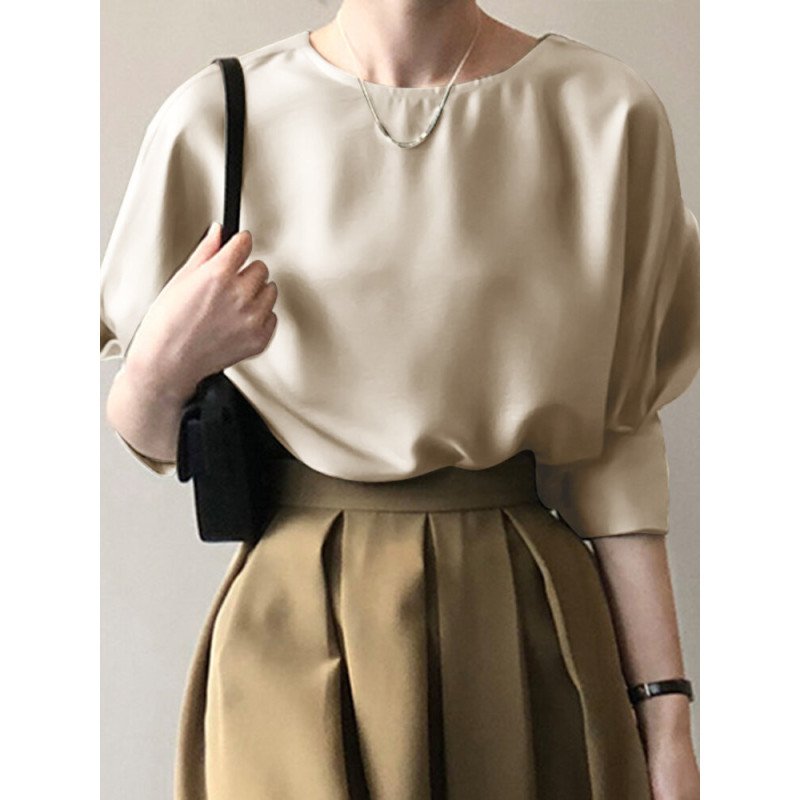 Satin Solid Keyhole Back Crew Neck 3/4 Sleeve Blouse