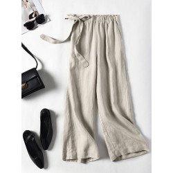 Solid Tie Elastic Waist Pocket Casual Women Pants