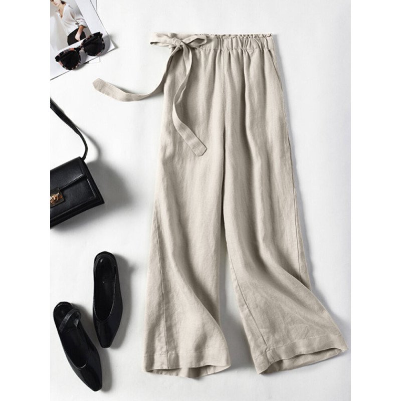Solid Tie Elastic Waist Pocket Casual Women Pants