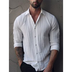 Mens Pleated Texture Lapel Plain Casual Long Sleeve Shirts