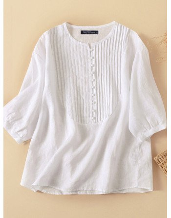 Women Pleated Half Button Crew Neck Plain Casual Blouse