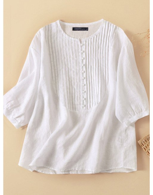 Women Pleated Half Button Crew Neck Plain Casual Blouse