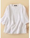 Women Pleated Half Button Crew Neck Plain Casual Blouse