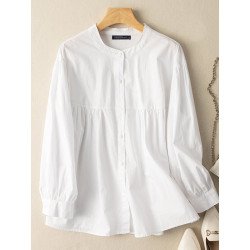 Solid Stand Collar Button Front Long Sleeve Blouse
