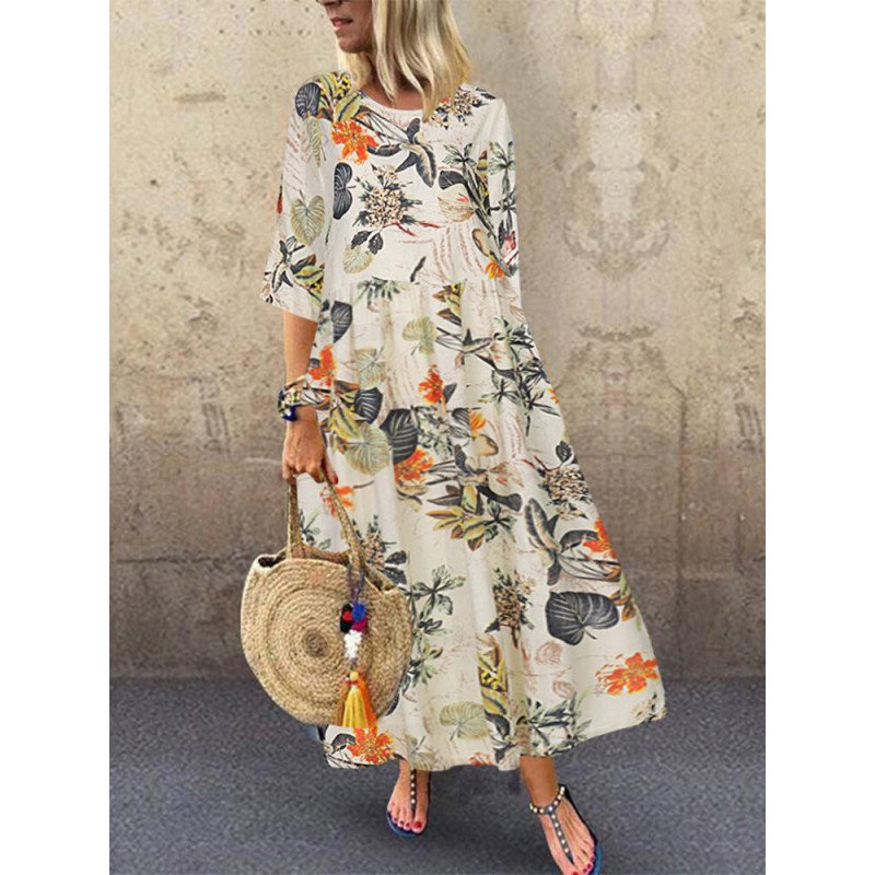 Vintage Floral Print High Waist Plus Size Dress