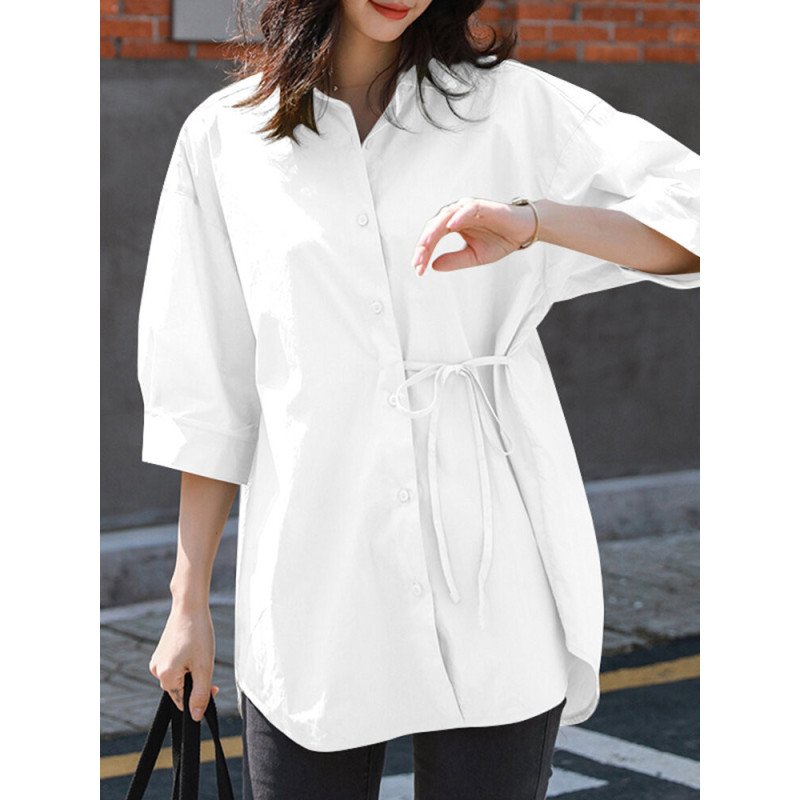 Solid Button Front Tie Lapel 3/4 Sleeve Loose Blouse