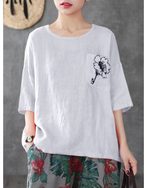 Flower Embroidery Pocket Half Sleeve Crew Neck Loose T-shirt